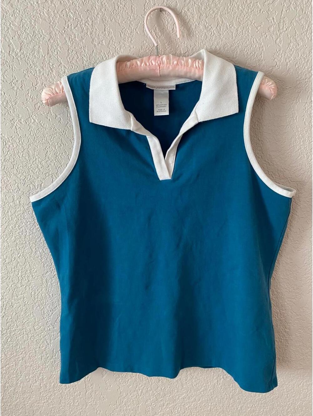 Sleeveless Polo with Contrast Sleeve Trim Petit Sophisticate Teal Large